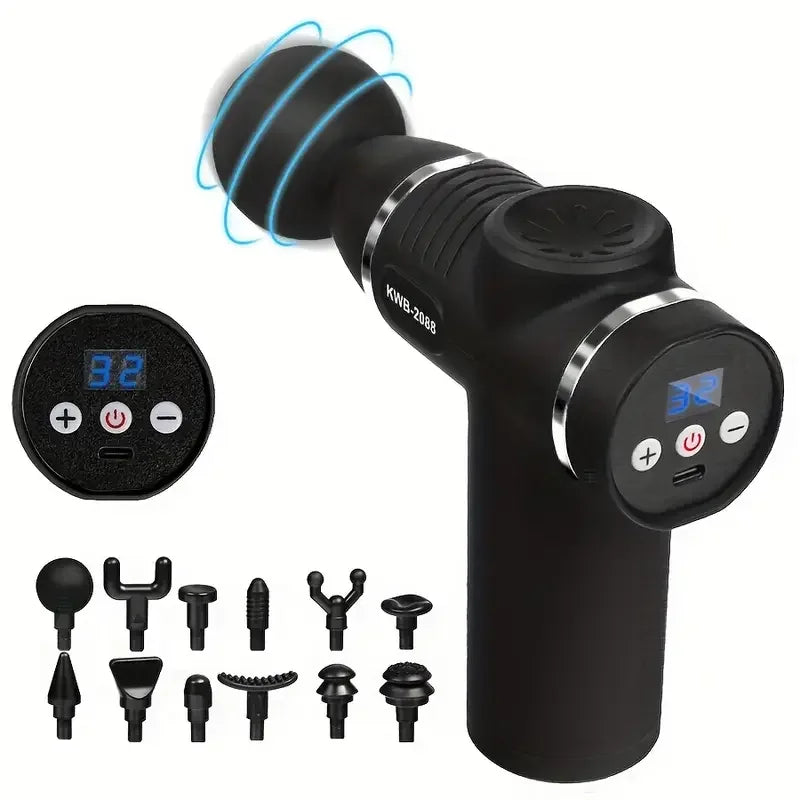 Mini Percussion Massage Gun - Portable Fascia & Deep Tissue Muscle Massager, USB Rechargeable, 12 Replaceable Heads, LED Touchscreen