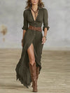 Women's French Retro V-Neck Belted Pleated Ankle-Length Dress – Long Sleeve Single-Breasted Bohemian