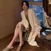 White Long Knit Cardigan for Women – Fluffy Long-Sleeve Korean-Style Vintage Sweater Coat