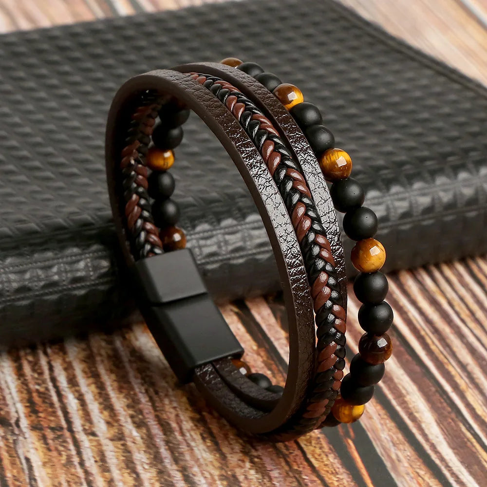 Classic Tiger Eye Beaded Multi-Layer Leather Bracelet for Men — Magnetic Clasp, Punk Style (19/21/23 cm | 7.5/8.3/9.1 in)