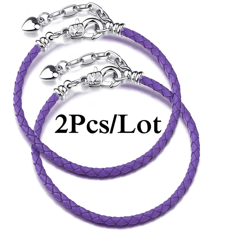 2-Pack Leather Chain Charm Bracelets with Beads – Handmade Couples Pulsera Jewelry (Unisex)
