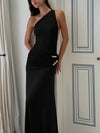 Mozision One-Shoulder Backless Maxi Dress with Metal Buckle, Diagonal Collar Sleeveless Draped A-Line Gown