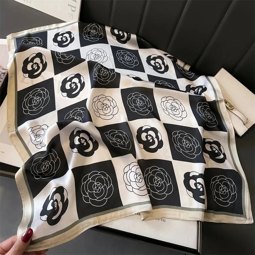 Luxury Square Silk-Feel Scarf 70 x 70 cm (27.6 x 27.6 in) Korean Fashion Floral Bandana Kerchief Wrap