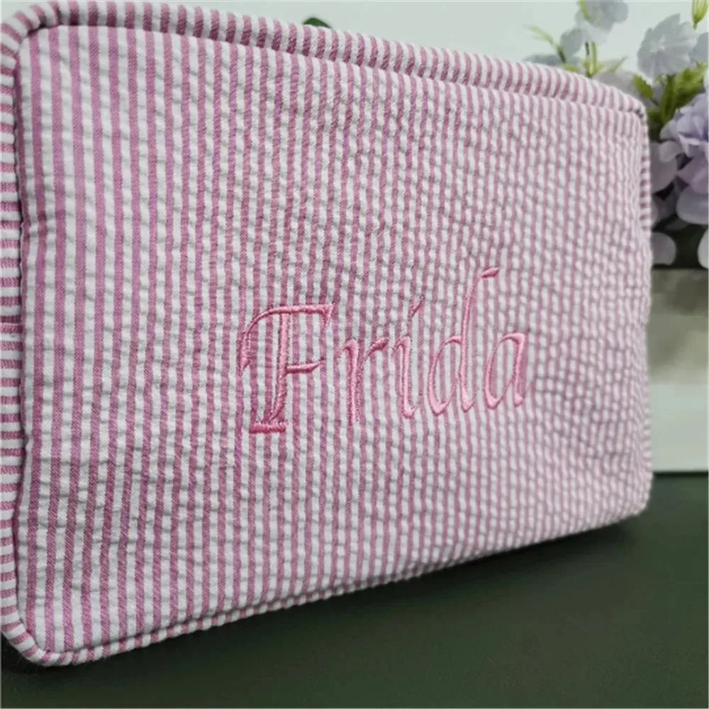 Personalized Seersucker Makeup Bag - Embroidered Cosmetic Pouch, Custom Toiletry Bag for Bridesmaids & Travel