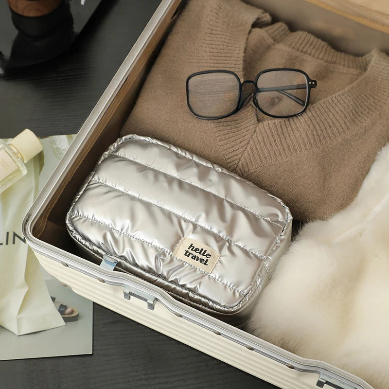 Pearlescent Silver Waterproof Makeup Bag Large Capacity Cosmetic Travel Organizer