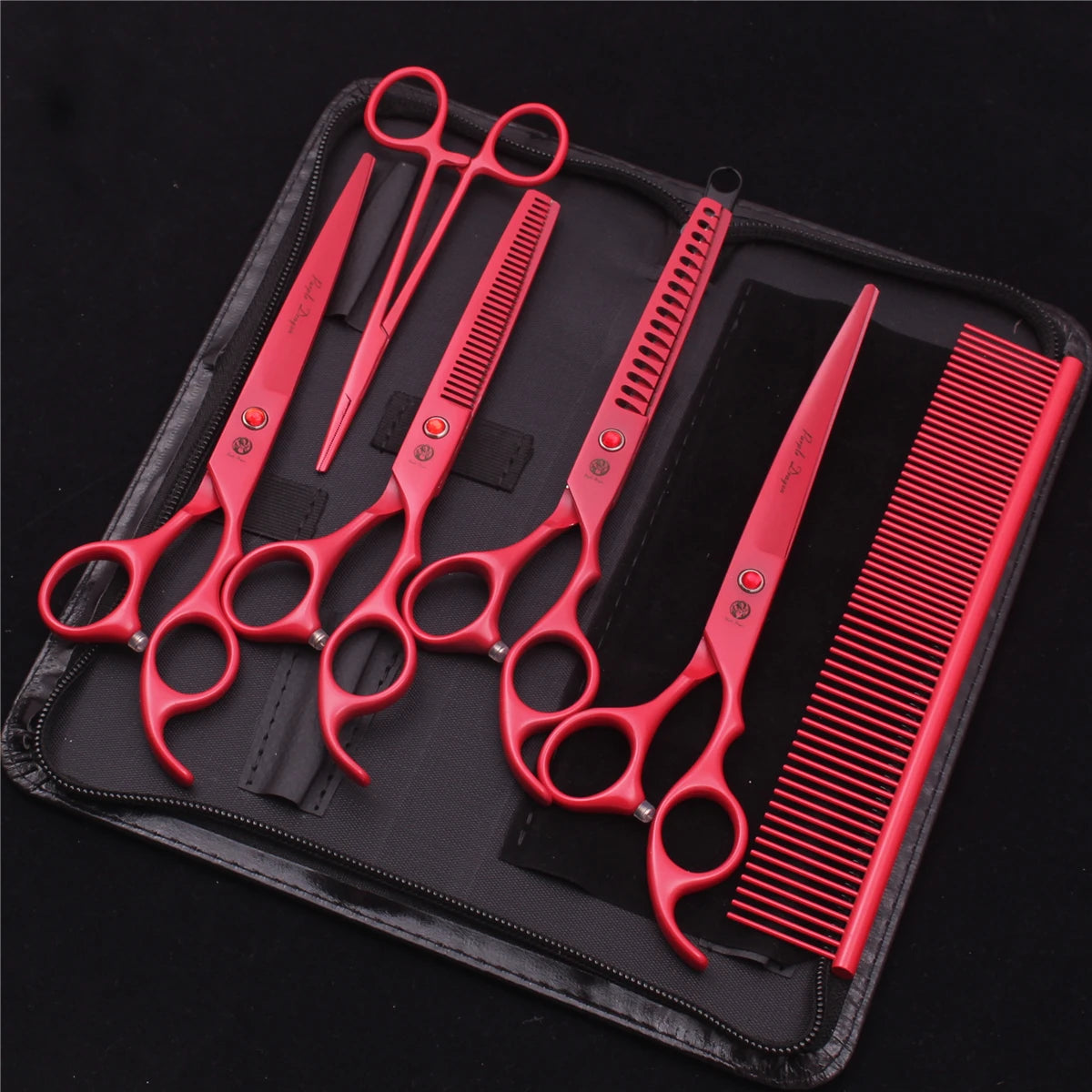 7-Inch (17.8 cm) Japanese 440C Pet Grooming Scissors Set — Straight 7 in, Curved 7 in, Thinning 6.5 in (16.5 cm) for Dog & Cat Grooming with Comb & Hemostatic Forceps
