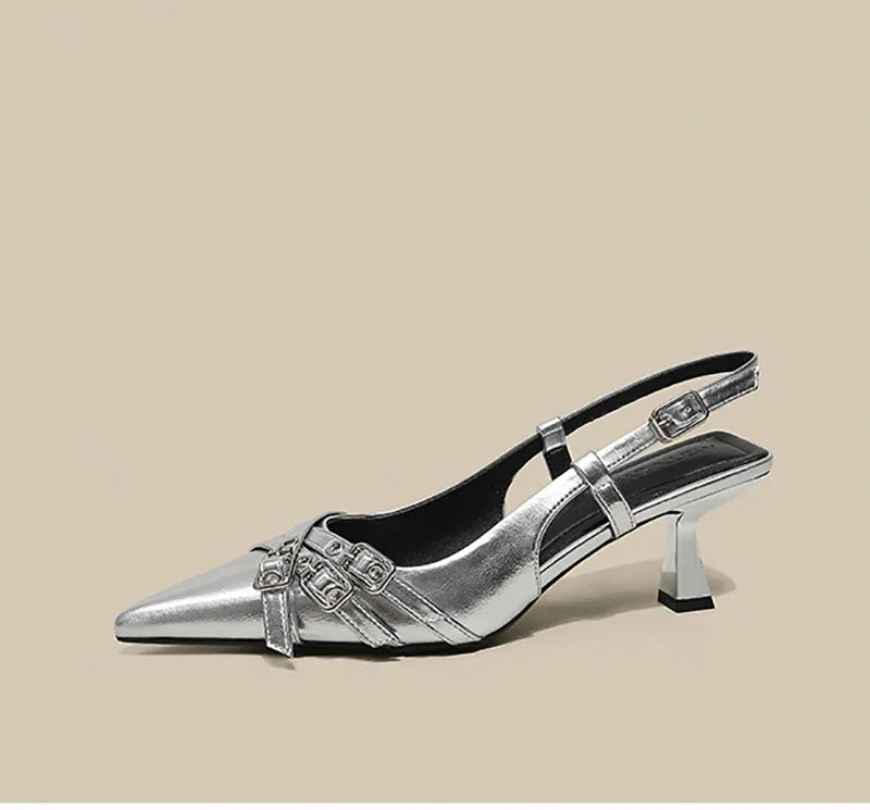 Pointed Toe High Heel Sandals for Women – Roman Slip-On Square Heel Dress Sandals