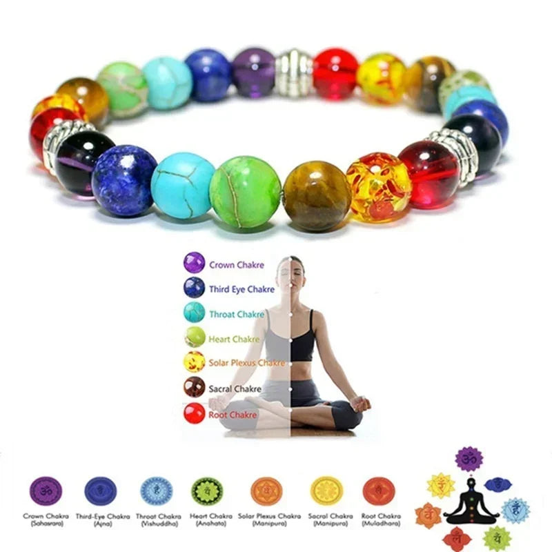 7 Chakra Natural Stone Bracelet, Black Braided Rope, Reiki Healing Yoga Meditation Unisex 17.4 cm (6.85 in)