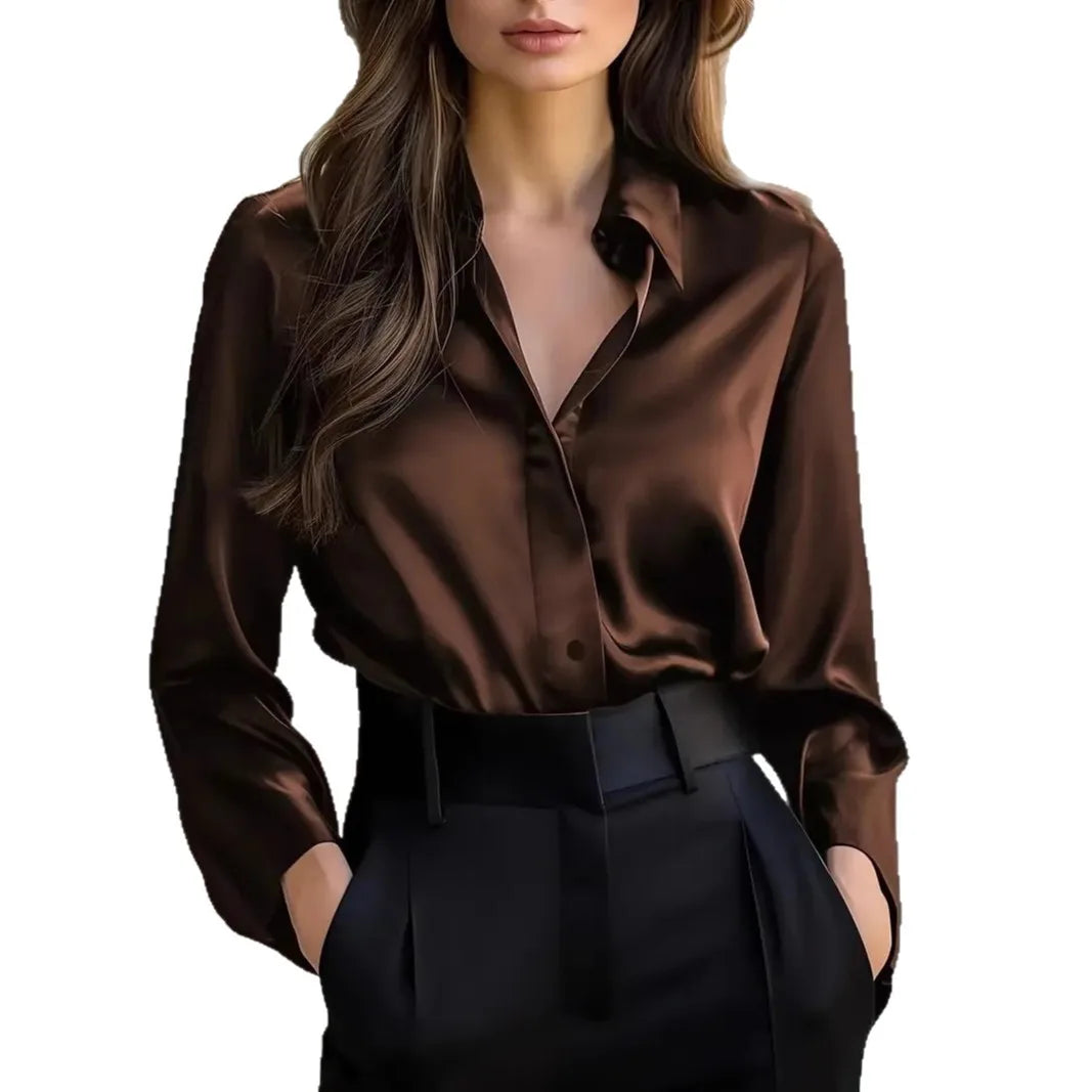 Women's Lapel Button Cardigan Blouse – Office Chic Long-Sleeve Top for Spring & Autumn