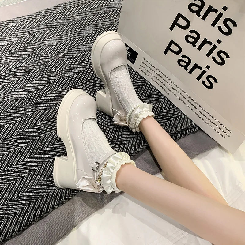 Pink Beaded Mary Jane Heels – Round Toe Platform Pumps with Square Heel, Spring/Autumn Party Shoes