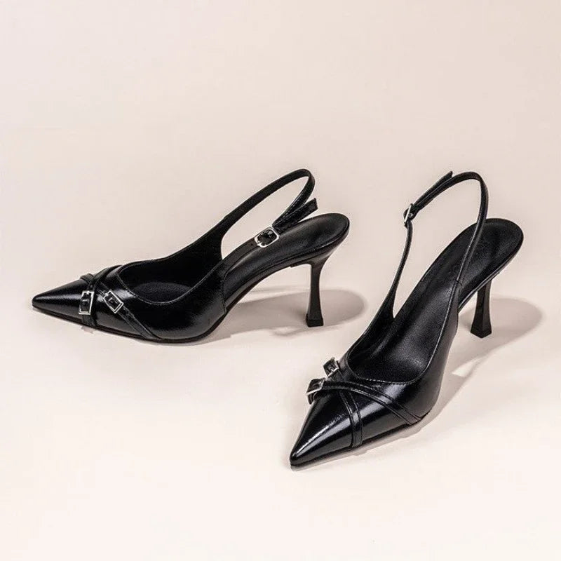 Women's Black Pointed-Toe Stiletto High Heels with Buckle - Elegant Summer Party Pumps