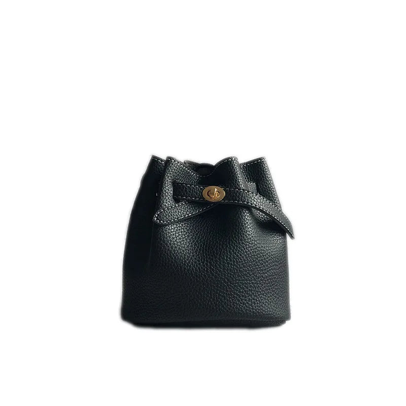 Women's Litchi Grain PU Leather Bucket Bag with Lock Cylinder – Small Crossbody Shoulder Phone Bag