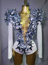 Shiny Black Rhinestone Velvet Long Sleeve Bodysuit for Women, Evening Party Club Stage