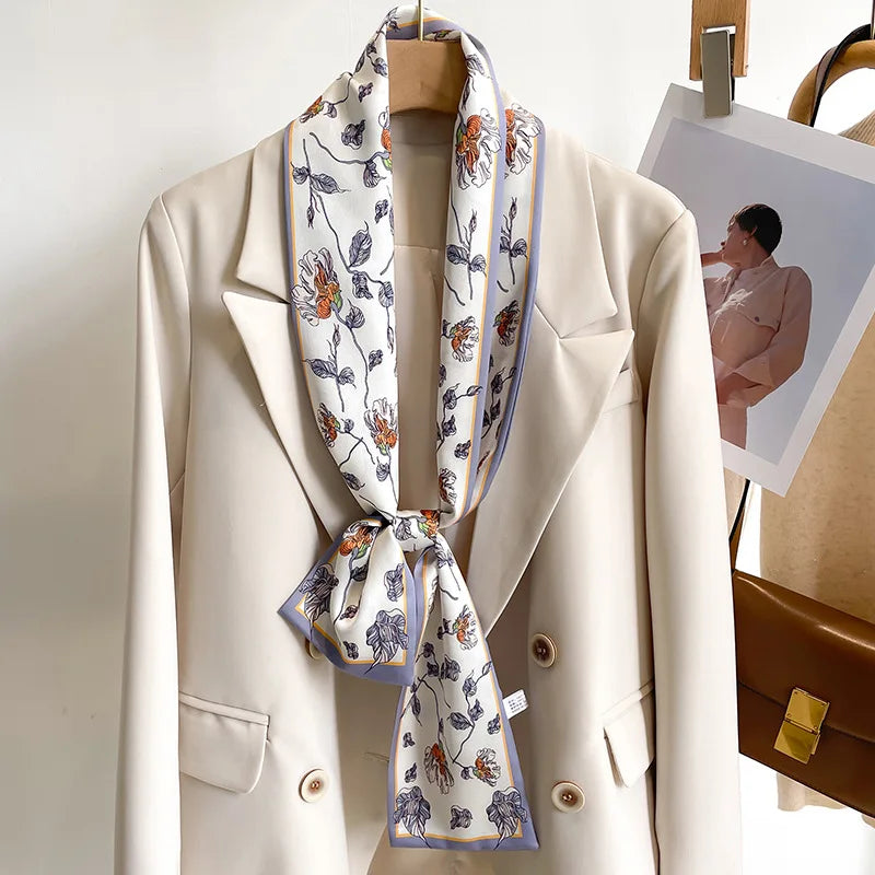 Women's Silk-Feel Printed Long Narrow Scarf 12 x 148 cm (4.7 x 58.3 in) - 50+ Colors | Headband & Shawl