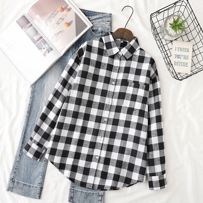 YEOIN Women's Flannel Plaid Shirt - Loose Casual Cotton-Blend Long Sleeve Blouse