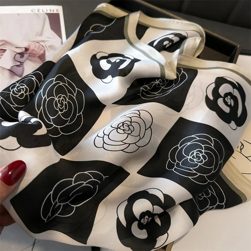 Luxury Square Silk-Feel Scarf 70 x 70 cm (27.6 x 27.6 in) Korean Fashion Floral Bandana Kerchief Wrap