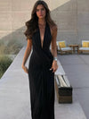Sisterlinda Halter Deep V-Neck Backless Ruched High-Slit Ankle-Length Dress - Sleeveless Summer Party