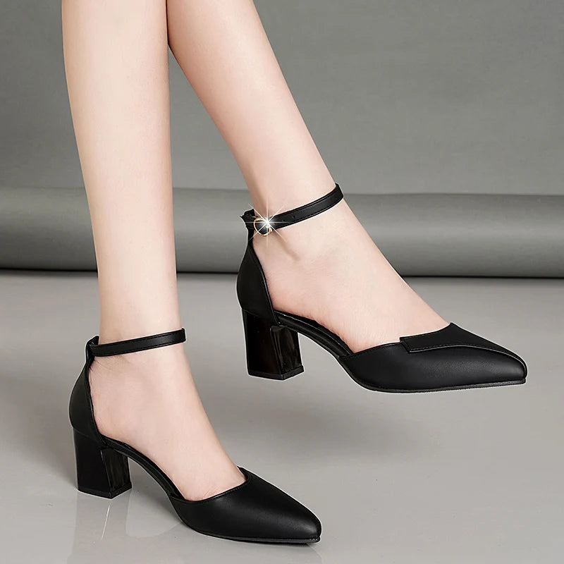Women's Pointed T-Strap High Heels - PU Buckle Pumps with Thin Heel (5-8 cm / 2-3 in) Party Dress Sandals
