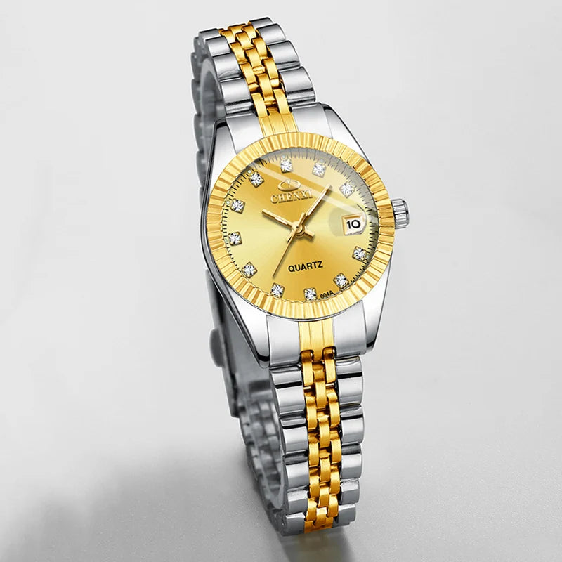CHENXI Women's Gold Stainless Steel Quartz Watch – Small 26mm (1.02 in) Round Dial Dress Bracelet Wristwatch