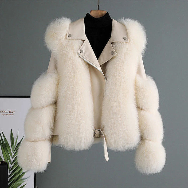 Women's Faux Fox Fur Short Jacket - PU Leather Motorcycle Coat, Warm Autumn Winter Luxury