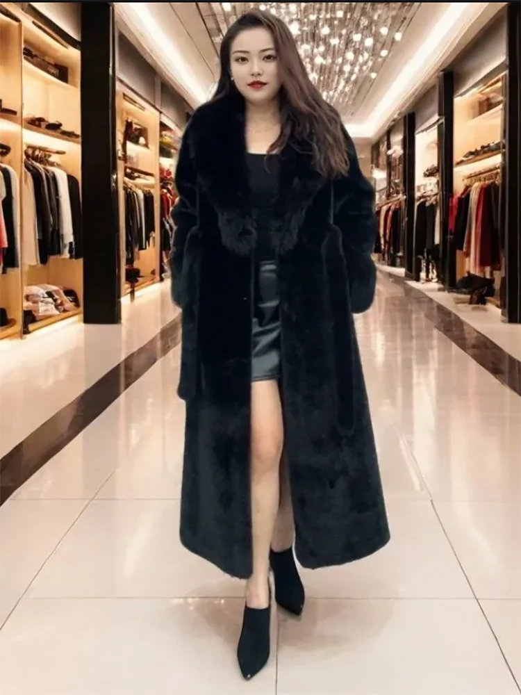 Chic Casual Women's Mid-Length Faux Fur Coat with Plush Collar Thick Warm Winter Parka Overcoat