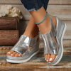 Women's Patent Leather Peep Toe Wedge Sandals – Buckle Strap Platform Heels (Gold, Silver, Black)