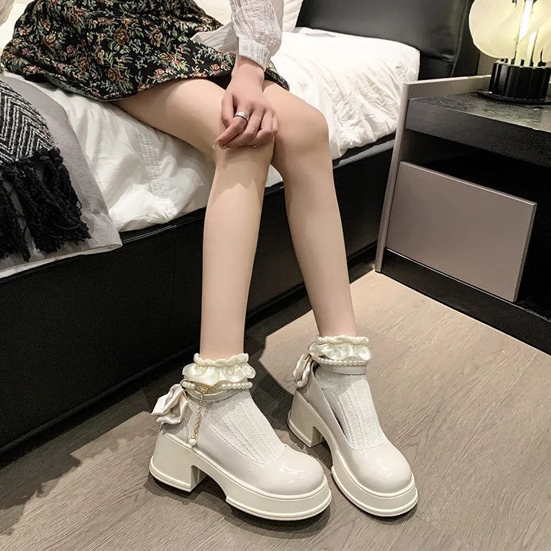 Pink Beaded Mary Jane Heels – Round Toe Platform Pumps with Square Heel, Spring/Autumn Party Shoes