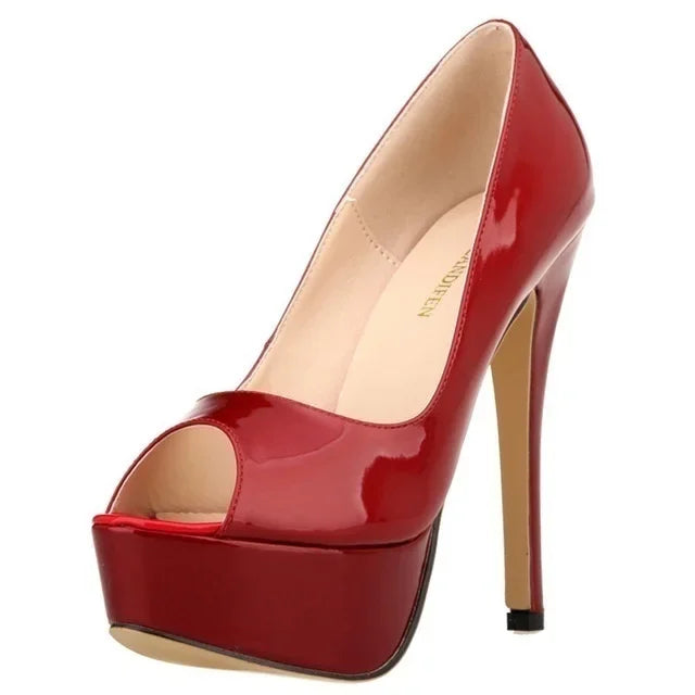 Women Platform Peep Toe Pumps 14cm (5.5 in) Thin Stiletto Patent Leather Party & Wedding Heels