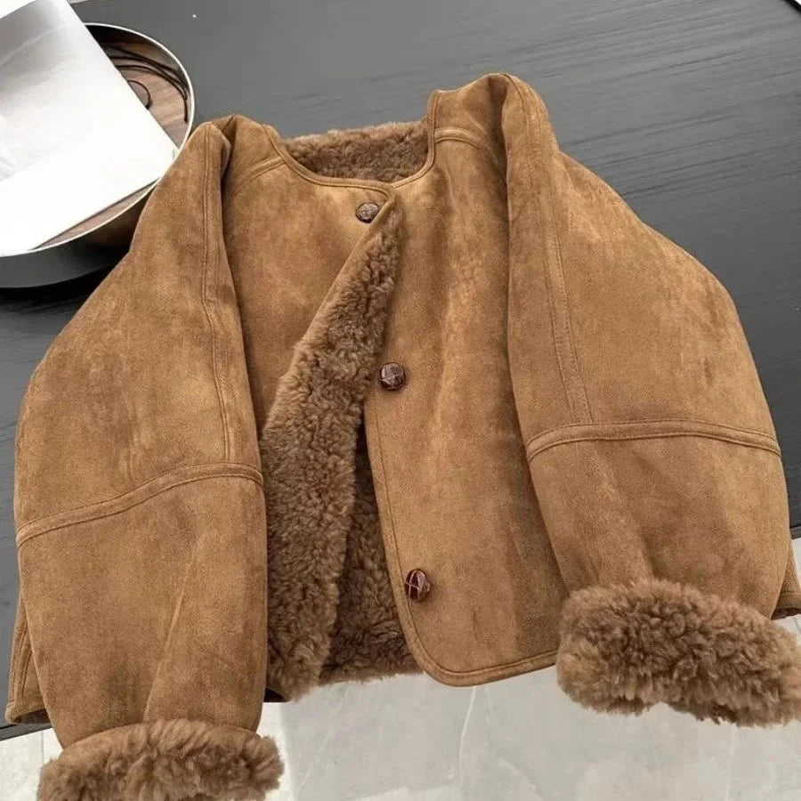 Women's Brown Leather Jacket with Integrated Fur – Thickened Crew Neck Autumn/Winter Coat