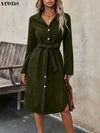 Corduroy Midi Dress — Long Sleeve Turn-Down Collar with Sash, Mid-Calf Casual Party Dress, Plus Size up to 5XL