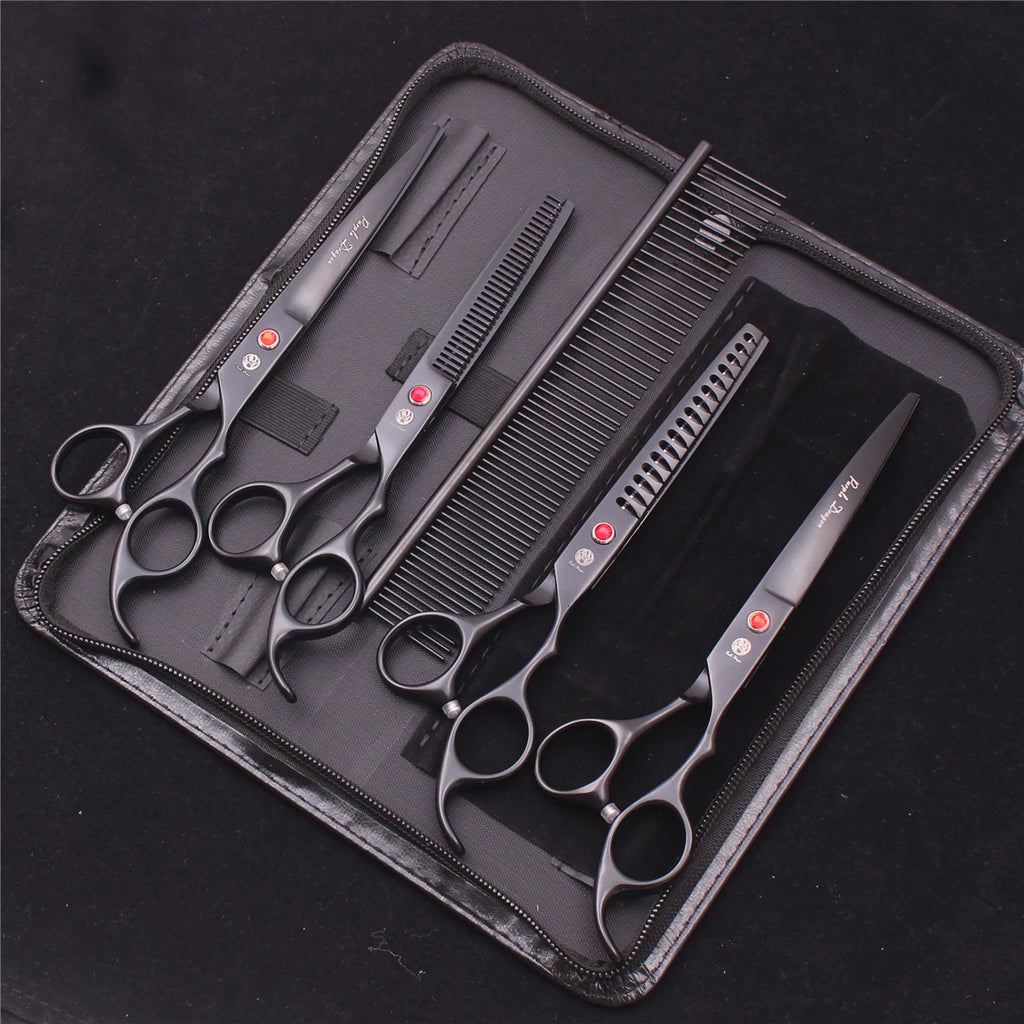 7-Inch (17.8 cm) Japanese 440C Pet Grooming Scissors Set — Straight 7 in, Curved 7 in, Thinning 6.5 in (16.5 cm) for Dog & Cat Grooming with Comb & Hemostatic Forceps