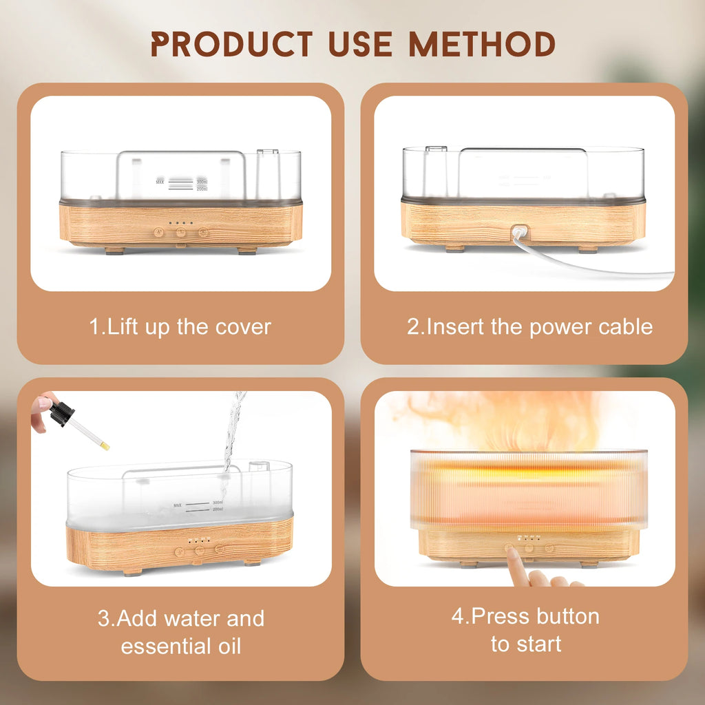 Sejoy 300ml Flame Aroma Diffuser – USB Cool Mist Essential Oil Humidifier with Colorful Night Light & Auto-Off Timer