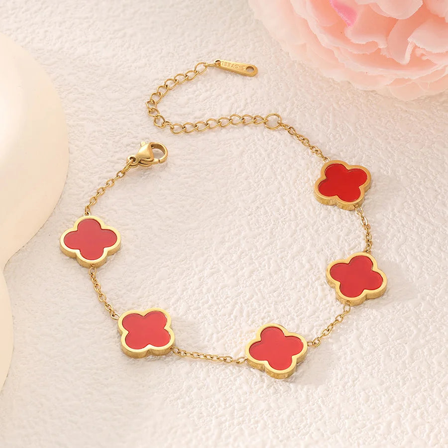 Four-Leaf Clover 18K Gold-Plated Stainless Steel Bracelet with Mother-of-Pearl, Non-Fading Women's Charm