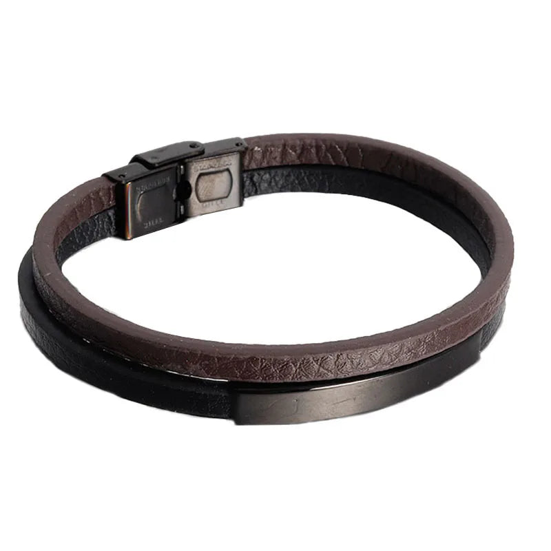 Men's Black Genuine Leather Double-Layer Braided Bracelet with Stainless Steel Accent – Sizes 18.5/20.5/22 cm (7.3/8.1/8.7 in)