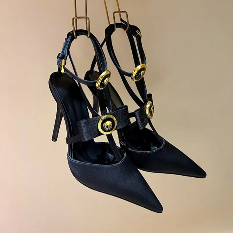 Bow Tie Pointed Toe Thin Heel Sandals for Women, Roman Straight Strap, 2.0-3.1 in (5-8 cm) Heel