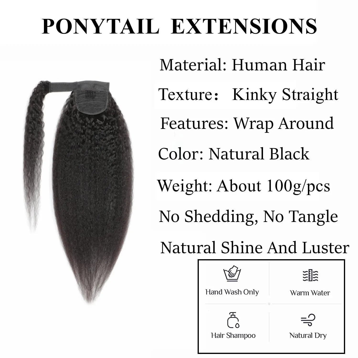 Kinky Straight Remy Human Hair Clip-In Wrap-Around Ponytail 100g, Natural Black #1B, 10–26 in (25–66 cm)