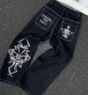 Gothic Y2K Women's Wide-Leg Rhinestone Wing Jeans Washed Blue Mid-Rise Baggy