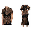 Women's Plus Size Double-Layer Ruffle Sleeve Fishtail Mermaid Maxi Dress, Polynesian Print Ankle-Length