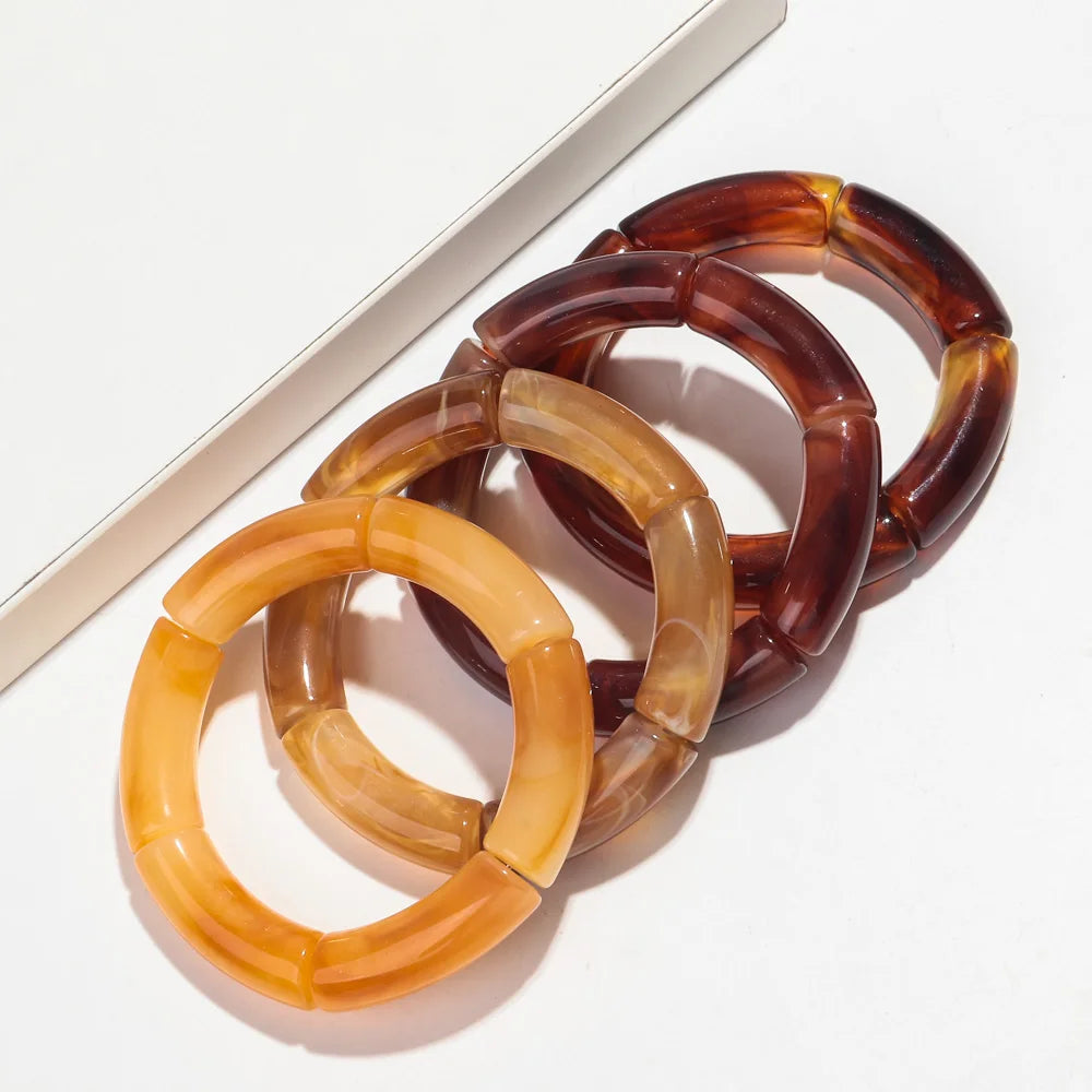 Acrylic Resin Amber Bamboo Bead Bracelet Set - 4-Pack Stretch Beaded Bangles for Women
