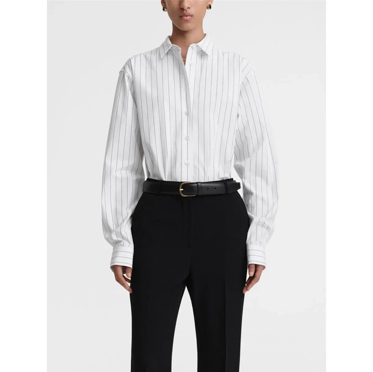 Women's Vertical Striped Shirt - Loose Long-Sleeve Button-Up Blouse with Asymmetric Hem, Office Commuter Style