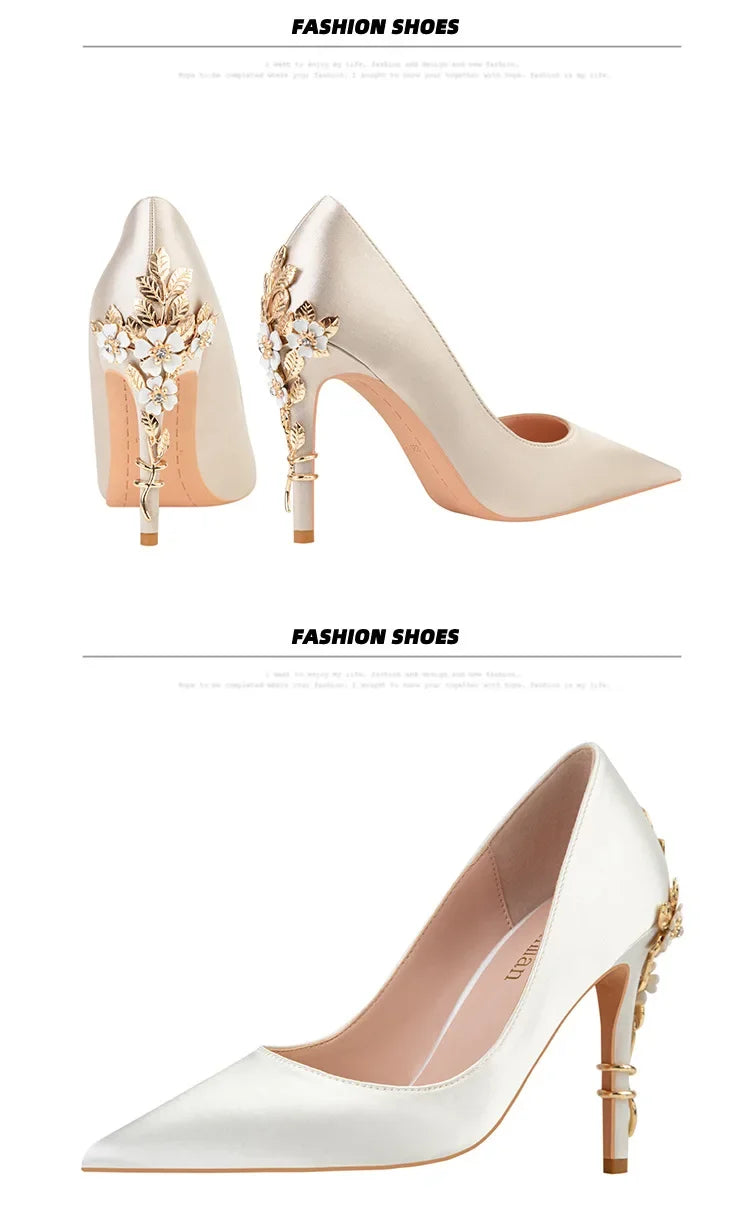 Women's Satin Pointed-Toe Stiletto Pumps with Metal Flower Detail — High Heel Wedding Shoes