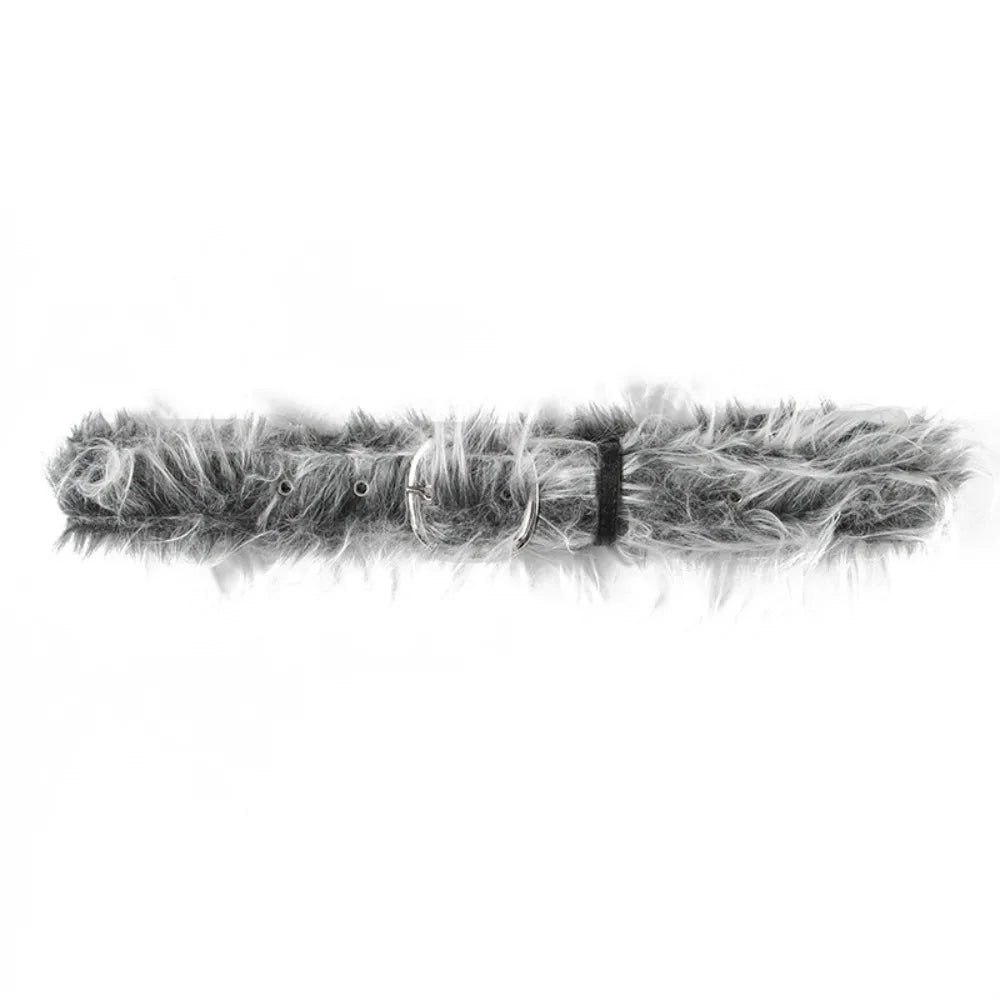 Y2K Gray Faux Fur Leather Waist Belt 41.34in (105cm) Furry Hip-Hop Jeans Waistband