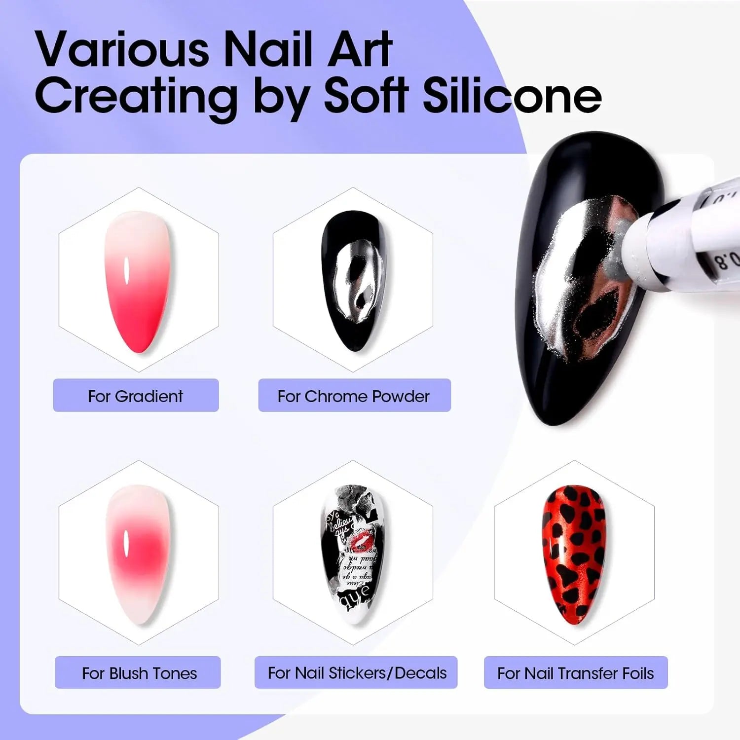 5-in-1 Double-Ended Nail Dotting Pen – 4 Stainless Steel Tips (0.8/1.0/1.6/2.0 mm) + Silicone Head for Chrome, Gradient & Rhinestones