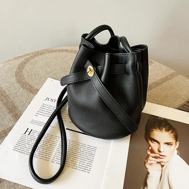 Women's Litchi Grain PU Leather Bucket Bag with Lock Cylinder – Small Crossbody Shoulder Phone Bag