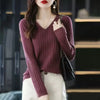 Women's V-Neck Long Sleeve Knitted Pullover — Lightweight Striped Office Sweater for Autumn/Winter