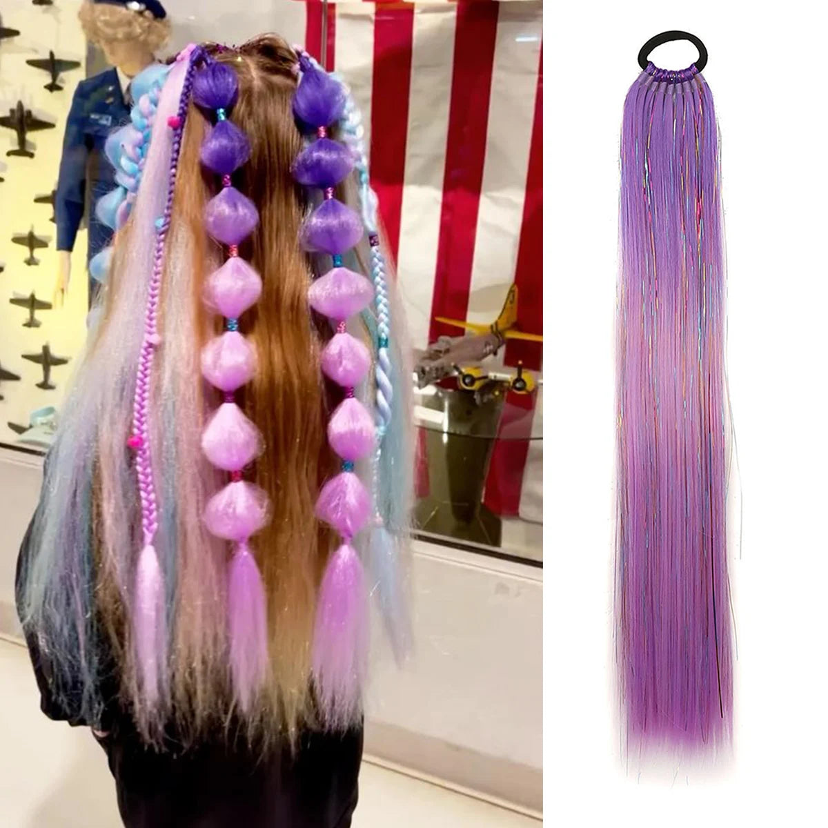 Purple Red Pink Ombre Tinsel Ponytail Extension with Elastic - 24in (60cm) 9-Strand Synthetic Hair for Girls, Crazy Hair Day