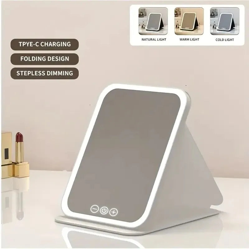 Portable Rechargeable Lighted Makeup Mirror, 3-Color Dimmable Touchscreen LED Vanity Mirror, Foldable Tabletop for Travel