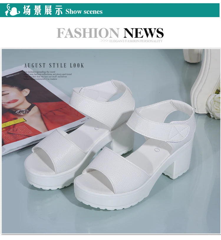 White Chunky Heel Wedge Sandals for Women — Peep Toe Ankle Strap Roman Gladiator Heels