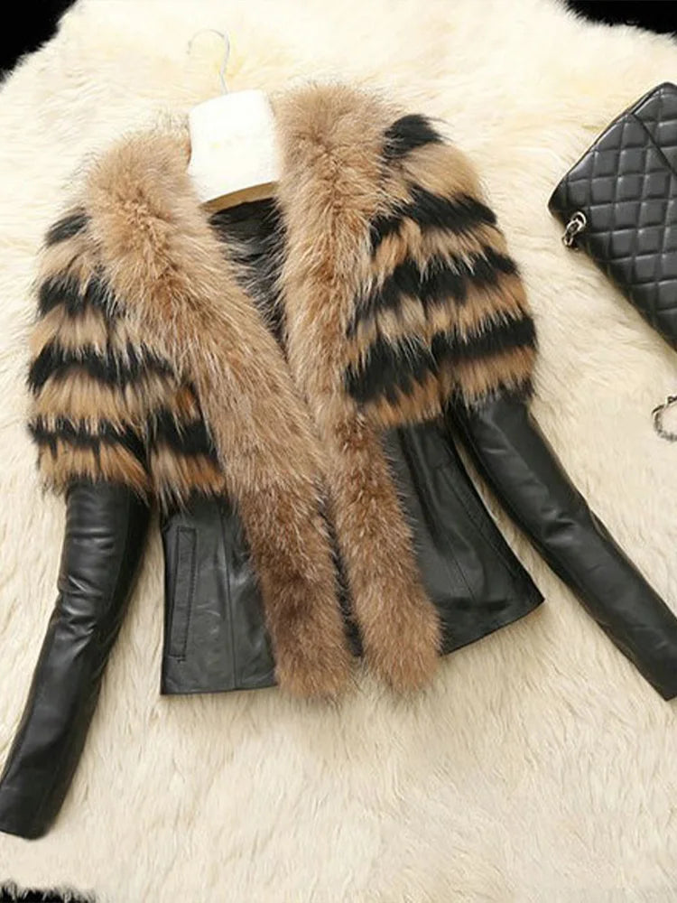 Women's PU Faux Leather Coat with Faux Raccoon Fur Trim Loose Streetwear Jacket Autumn Winter