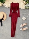 SINGRAIN Women's Autumn Winter V-Neck Long Knit Sweater Dress Slim Stretch Mid-Calf Bodycon